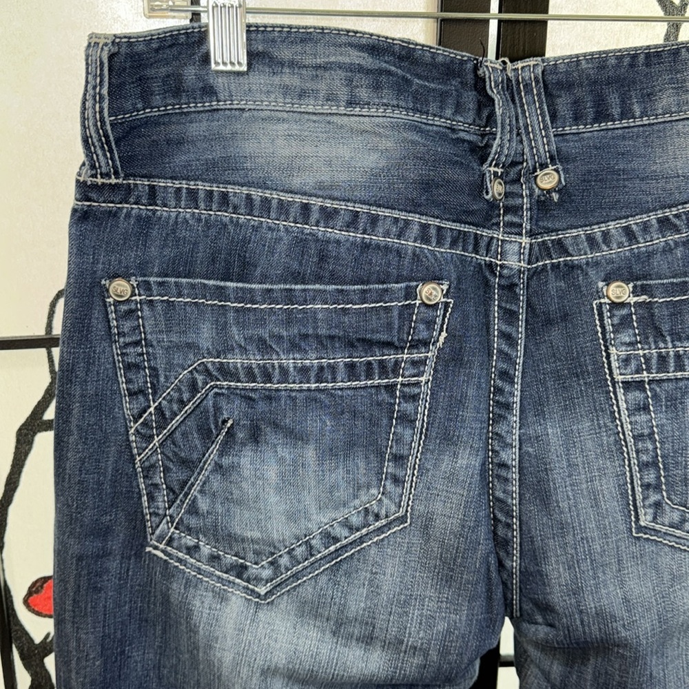 Buckle Salvage Supply 33x32  Mens Distressed Flare Leg Denim Jeans - Picture 12 of 14